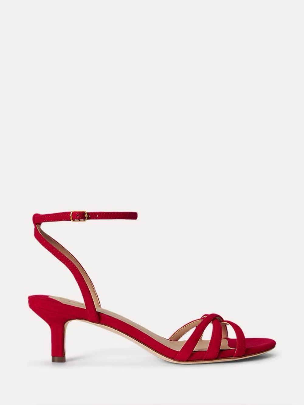 LAUREN RALPH LAUREN KENDYL KITTEN HEEL SUEDE SANDALS IN RED 10